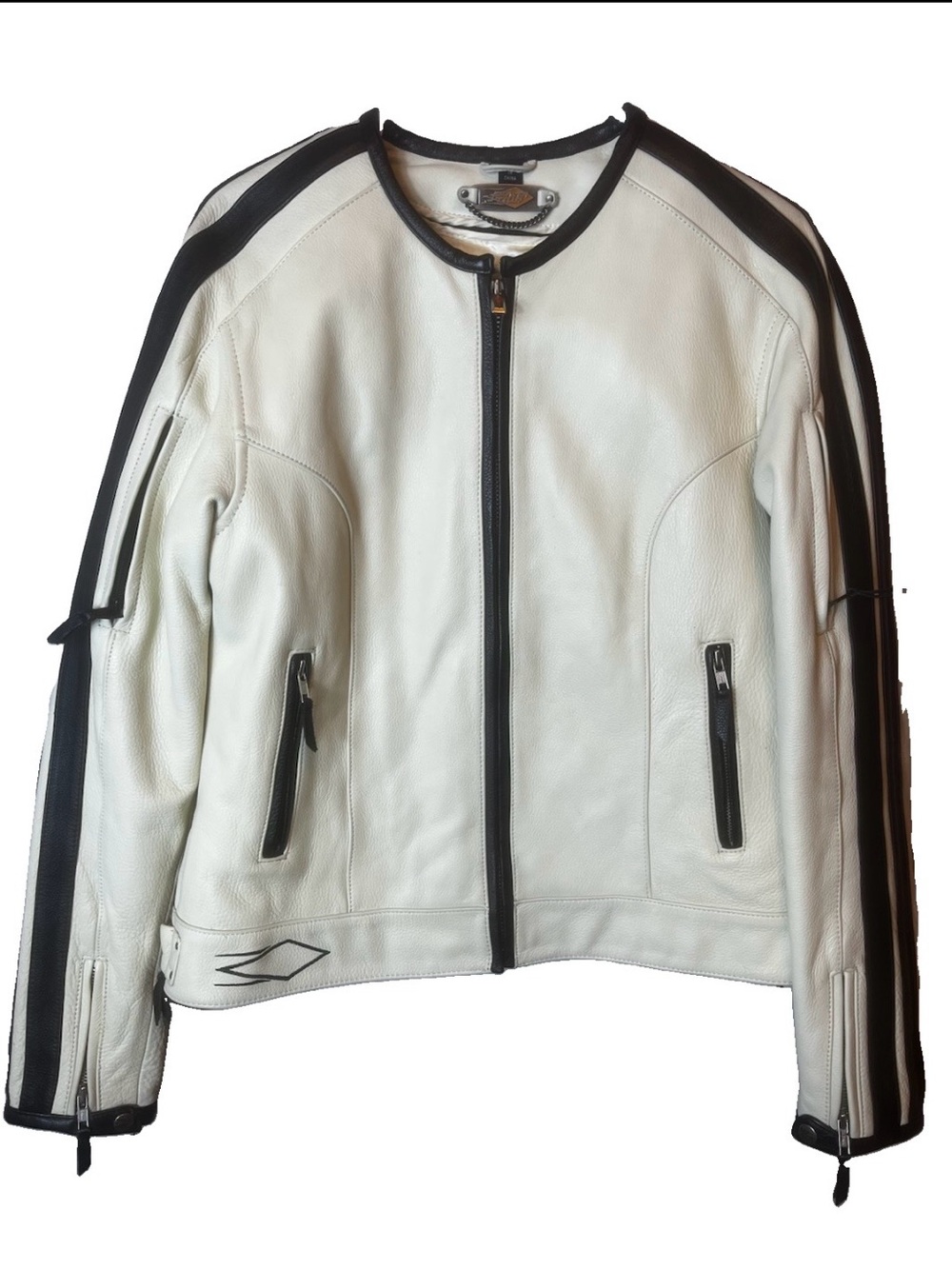 Power Trip Women’s White with Black Trim Leather Motorcycle Jacket Size L